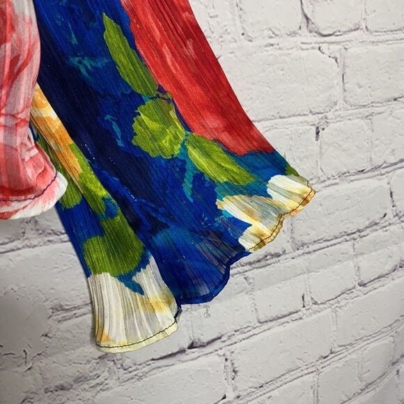 The Moon Floral Bell Sleeve Tie Neck Colorful Semi -Sheer Blouse S Blue Multi - Picture 4 of 9